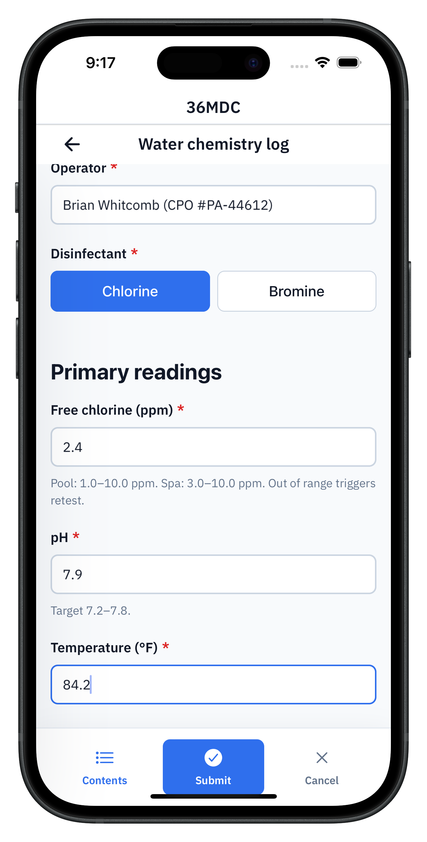 36MDC water chemistry log open on a phone, showing operator name, chlorine disinfectant selected, free chlorine 2.4 ppm, pH 7.9, and temperature 84.2°F