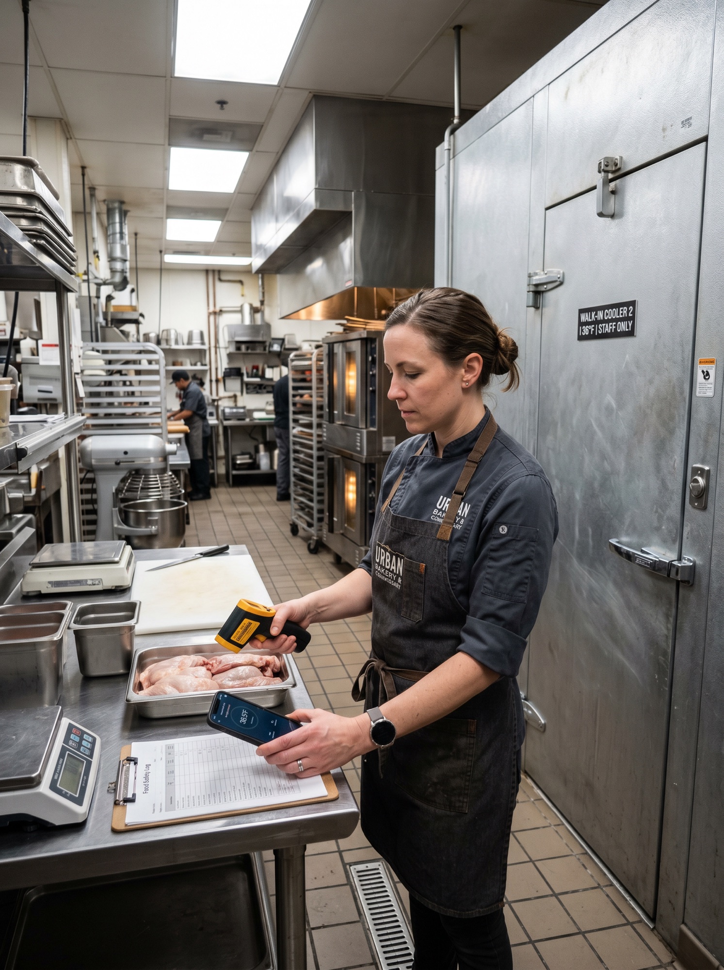 A baker in a denim apron beside a walk-in cooler in a commissary kitchen, taking an infrared temperature reading on raw chicken with one hand and recording it on a phone with the other, with a paper food-safety log on the prep table