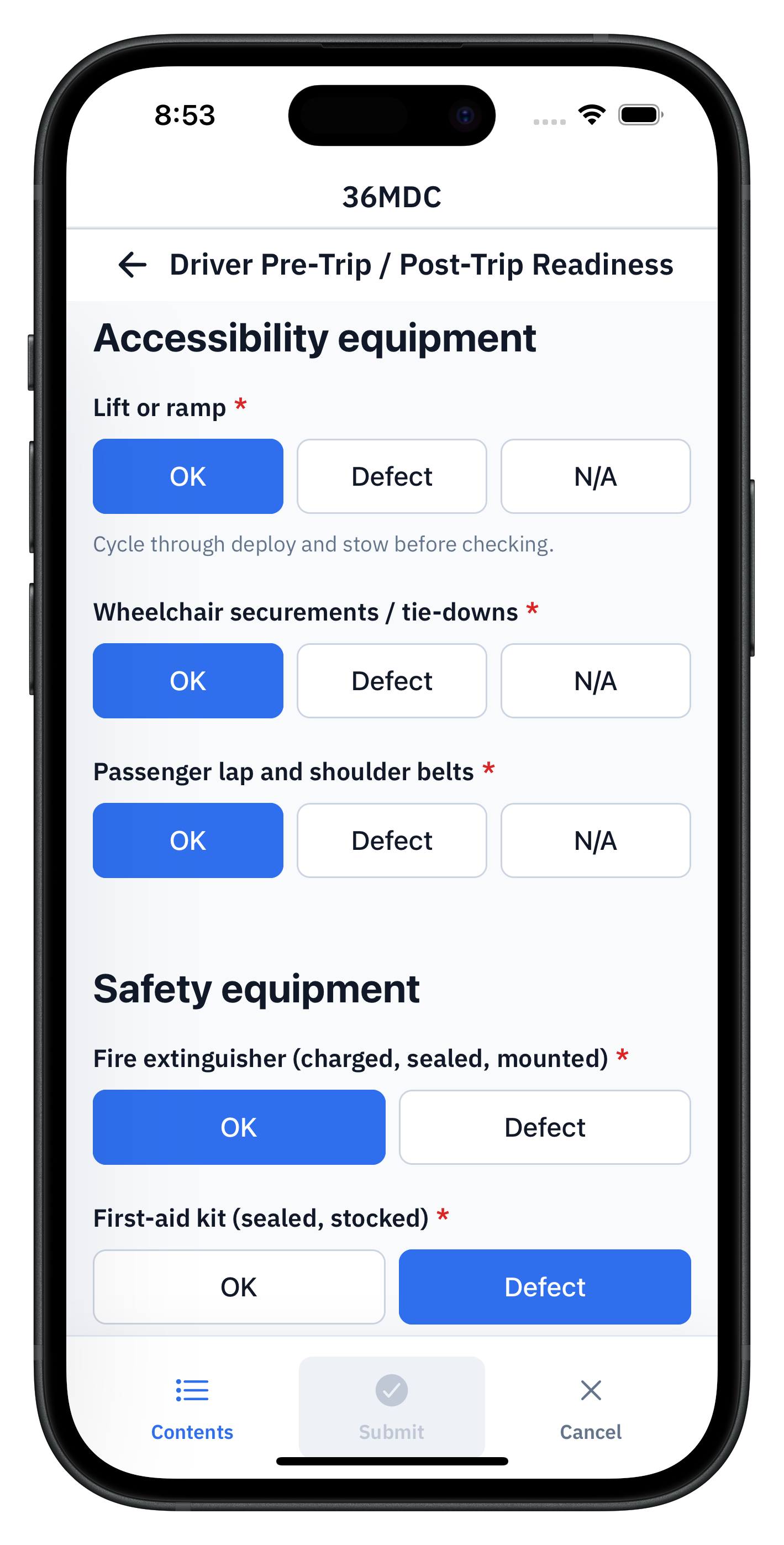 36MDC driver pre-trip / post-trip readiness check on a phone, showing accessibility-equipment toggles for lift, wheelchair securements, and passenger belts, plus safety-equipment toggles for fire extinguisher and first-aid kit, with a defect flagged on the first-aid kit