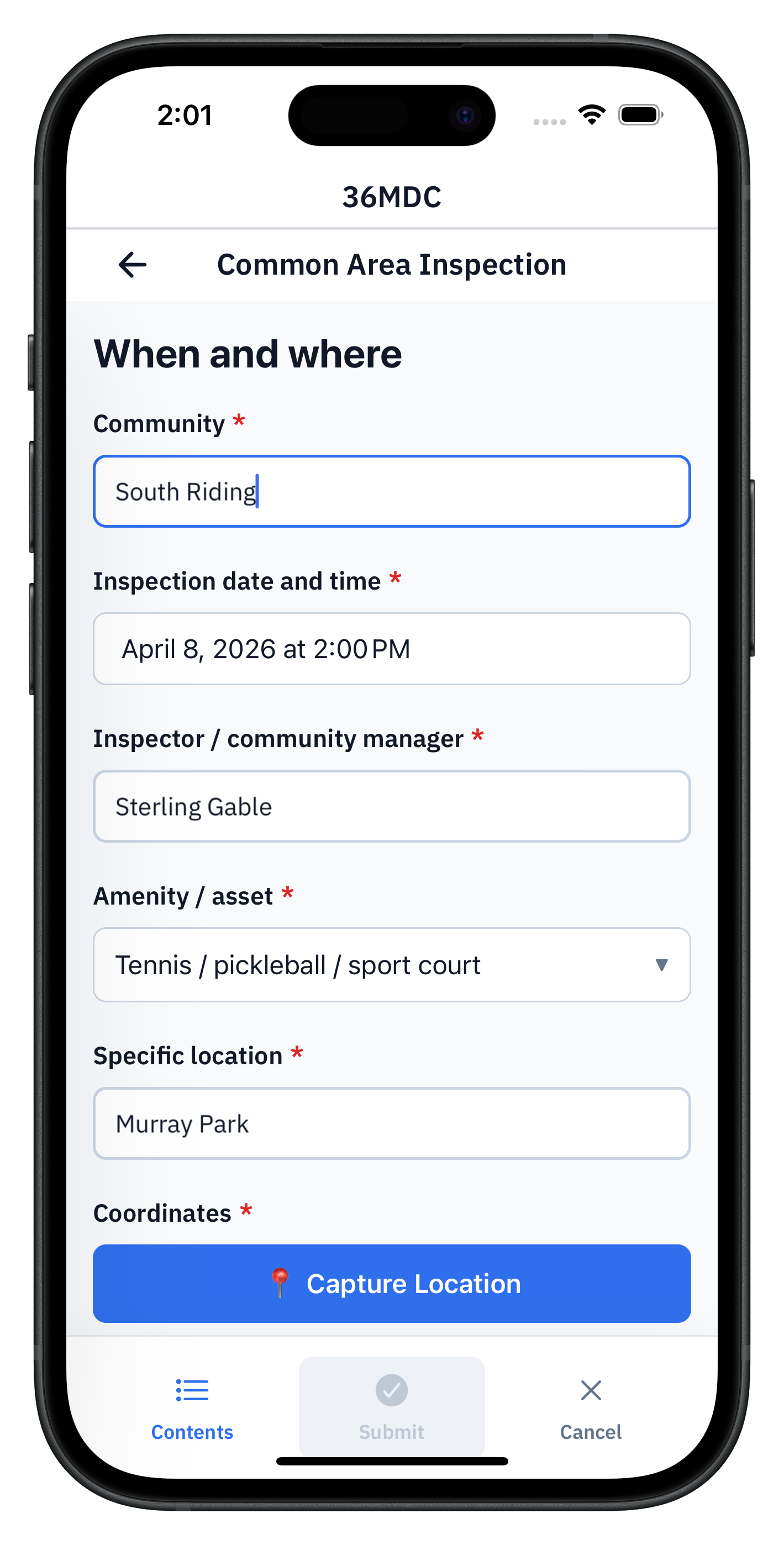 36MDC common area inspection on a phone, showing community 'South Riding', inspection date and time April 8 2026 at 2:00 PM, inspector Sterling Gable, amenity 'Tennis / pickleball / sport court', specific location Murray Park, and a Capture Location button.