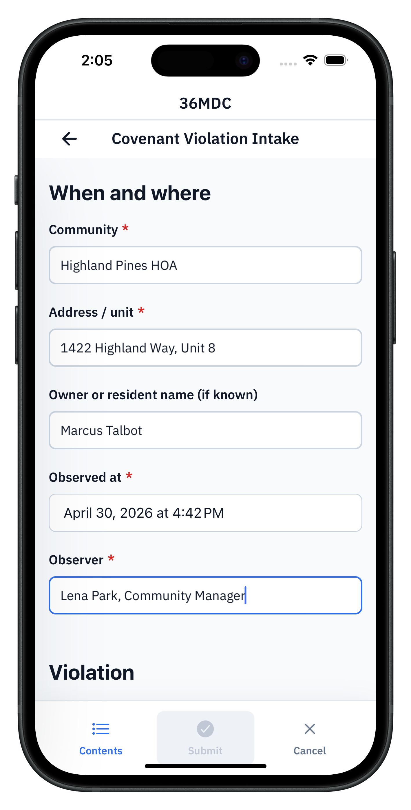 36MDC covenant violation intake on a phone, showing community 'Highland Pines HOA', address '1422 Highland Way, Unit 8', owner Marcus Talbot, observed at April 30 2026 at 4:42 PM, observer 'Lena Park, Community Manager', and the start of the Violation section.