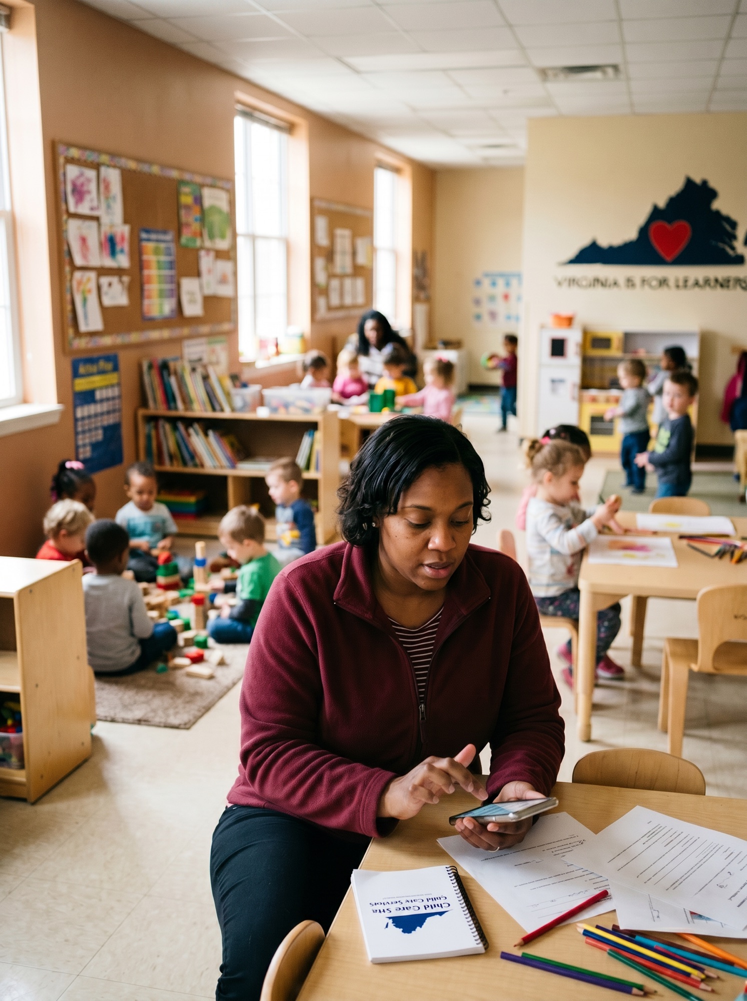 A teacher in a maroon fleece sitting at a low classroom table, completing an incident record on a phone, with a Virginia child-care services binder and paperwork next to her and children playing with blocks in the background