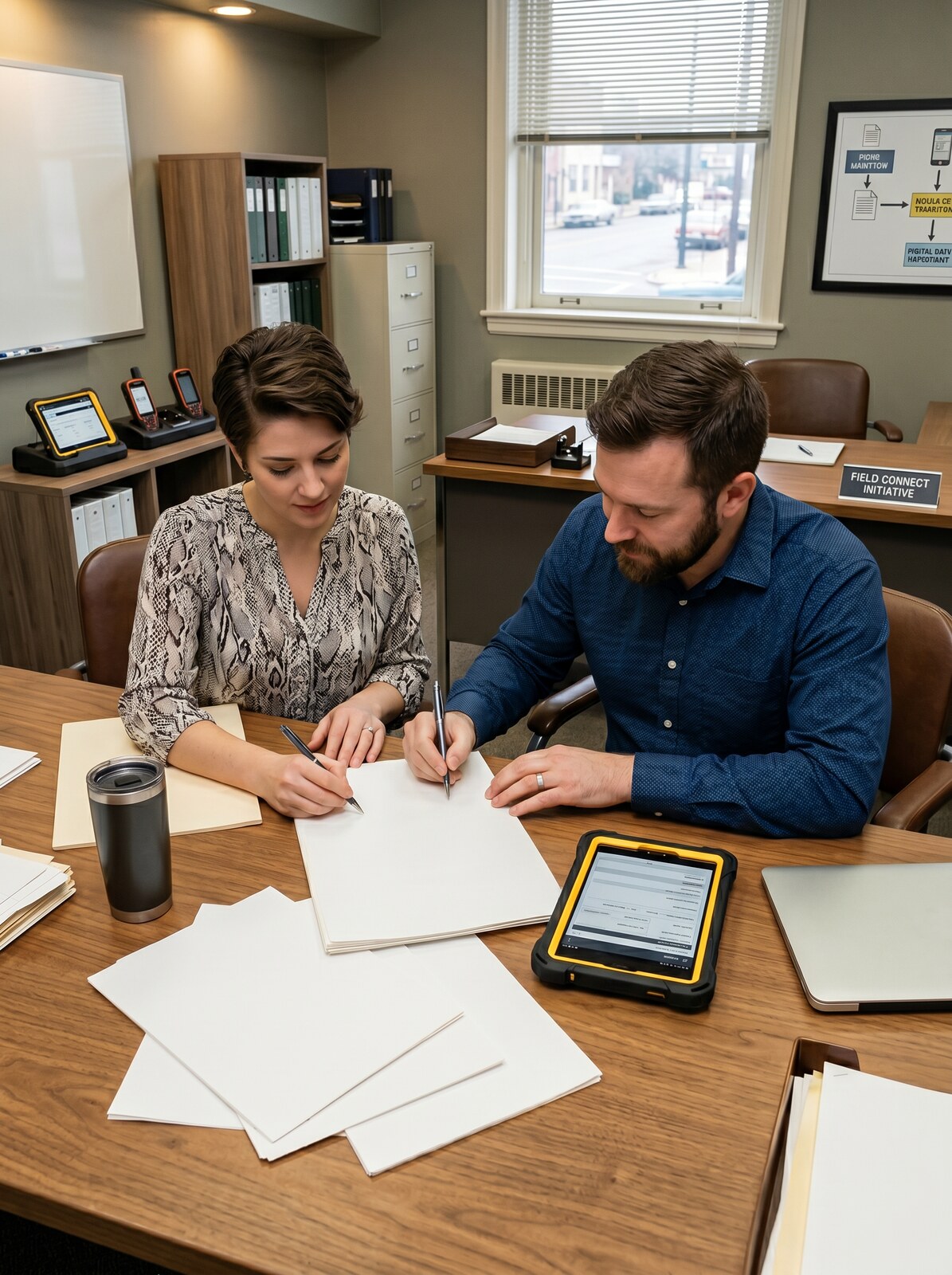 A 36MDC consultant and the customer's workflow owner reviewing the existing paper forms and notes together at a small desk.